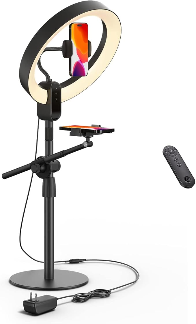 12" Ring Light with Stand and Phone Holder,Overhead Phone Stand,2 Phone Holders,2700-6500K,3 Color Modes,10 Brightness Levels,Remote Control,Adjustable,Live Stream,Tiktok/YouTube