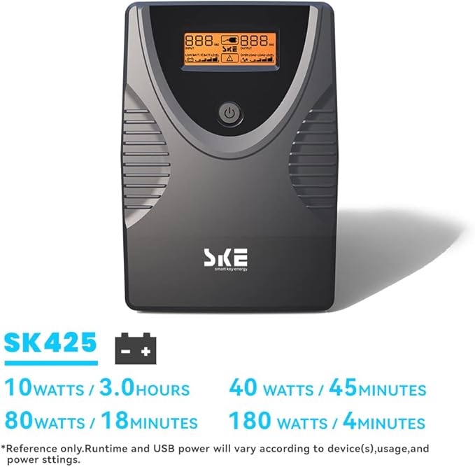 Ups Battery Backup and Surge Protector 425VA/240W,Computer Uninterruptible Power Supply Units,Battery Backup Intelligent LCD,SKE Back UPS,Uninterruptible Power Supply,Battery Backup for Computer SKE