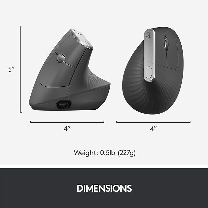 Logitech MX Vertical Wireless Mouse – Ergonomic Design Reduces Muscle Strain, Move Content Between 3 Windows and Apple Computers, Rechargeable, Graphite