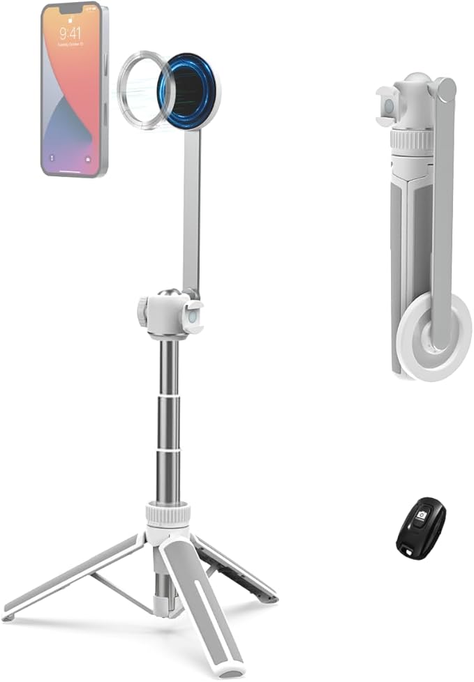PHOPIK 35" Magnetic Selfie Stick Phone Tripod, Extendable Phone Tripod with Cold Shoe and Remote,Compatible with iPhone/Android/Sport Camera Perfect for Video Recording/Selfies/Insta360 x5（White）