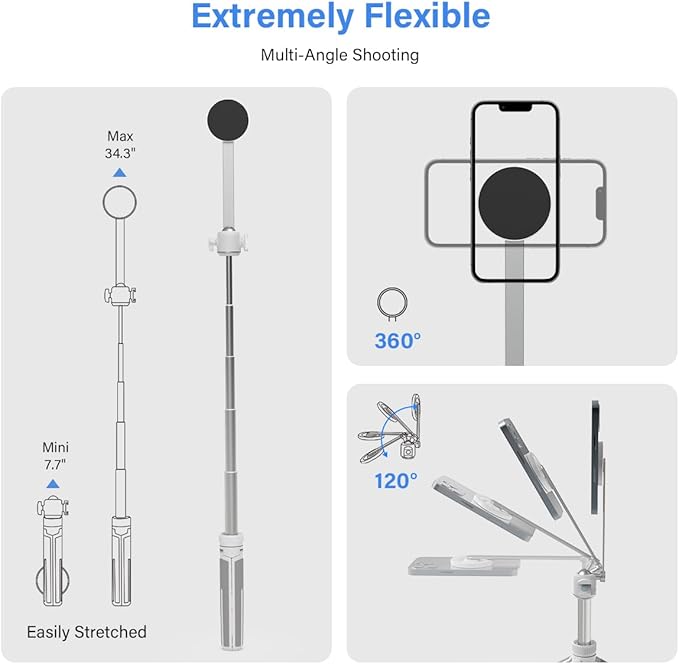 PHOPIK 35" Magnetic Selfie Stick Phone Tripod, Extendable Phone Tripod with Cold Shoe and Remote,Compatible with iPhone/Android/Sport Camera Perfect for Video Recording/Selfies/Insta360 x5（White）