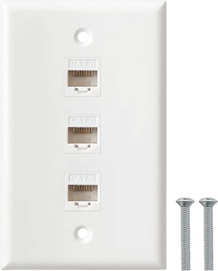 Ethernet Wall Plate, 3 Port Cat6 RJ45 Keystone Inline Coupler Wall Plate for Cat7/6/5/5e Ethernet Devices - White