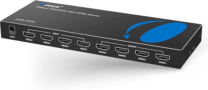 OREI 4x4 4K HDMI Matrix Switcher Splitter, (4-Input, 4-Output) Switch with Remote Control Auto Downscale 4K to 1080p, HDR10 Support (UHD-404R)
