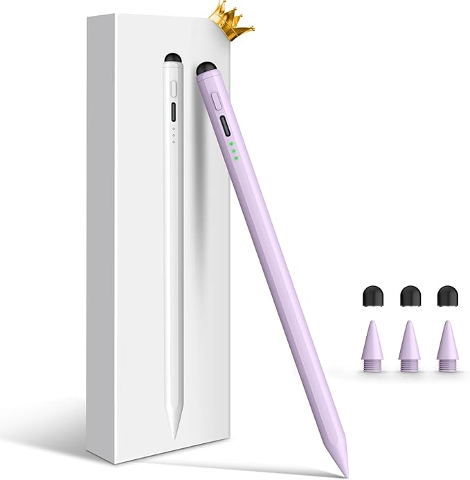 Stylus Pen for iPad, Dual-Tip 13 mins Fast Charge Pencil for Apple, Palm Rejection, Tilt Sensitivity, Compatible w/iPad 6/7/8/9/10, Pro 11/12.9in/M4, Air 3/4/5/M2, Mini 5/6 - Purple