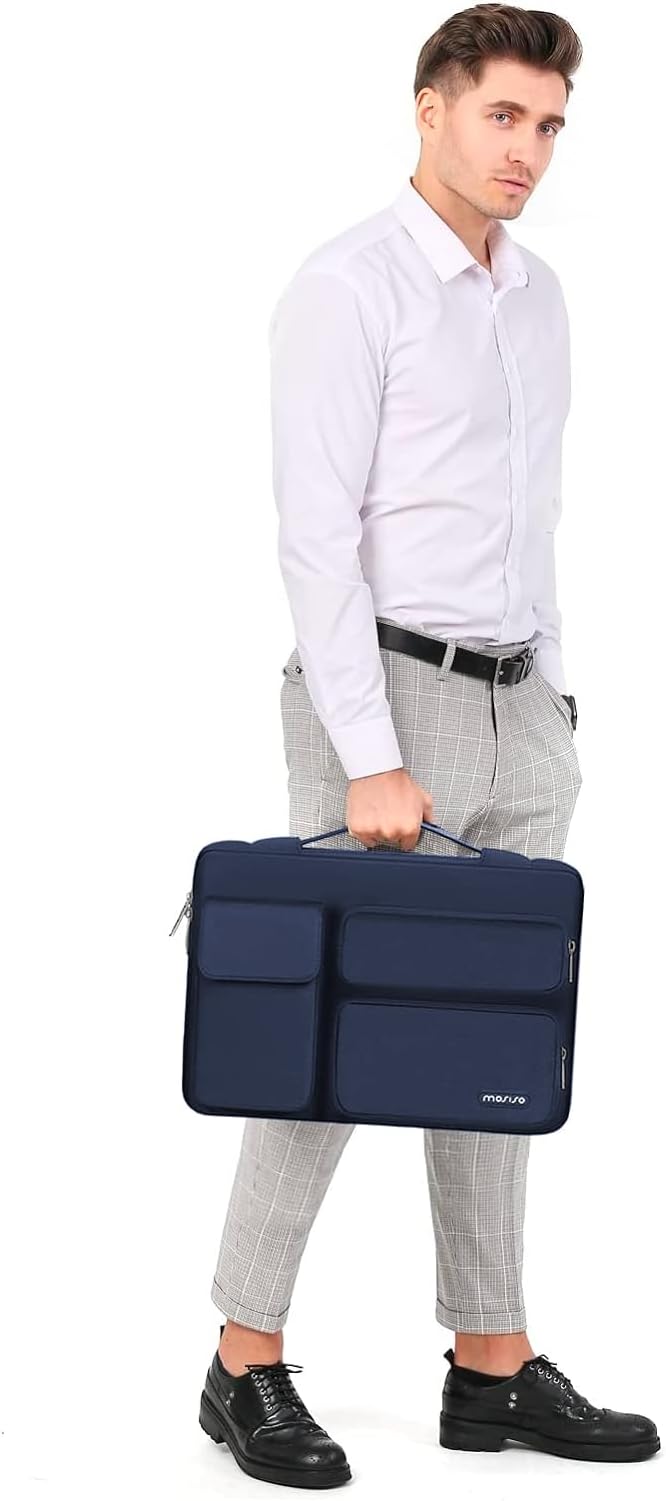 MOSISO 360 Protective Laptop Case 15 inch, Laptop Sleeve Compatible with MacBook Air 15 M4 A3241 M3 A3114 M2 A2941 2025-2023, Dell XPS 15, Side Open Bag with 2 Raised&1 Flapover Pockets, Navy Blue