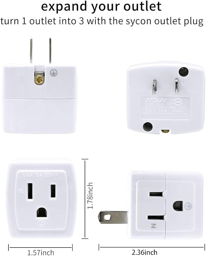 SYCON Adapter Outlet Extender, 2-Prong to 3-Prong Mini Wall Plug, Multi Outlet Splitter with 3 Outlets