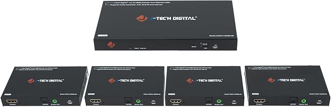 J-Tech Digital HDMI Extender Splitter 4K 60Hz 1 in 4 Out Over Single Cat5e/6 Ethernet Cable Up to 196ft. Supports 4K Downscale Audio Extraction PoC EDID Switch by [JTECH-14EX60-AE]