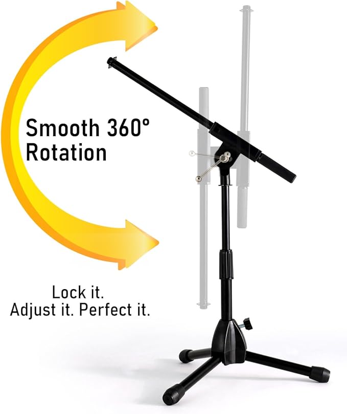 Stage Rocker Foldable Tripod Low-Profile Mic Boom Stand - Height Extending from 9.6'' to 16.9'', w/Adjustable Telescoping Arm Up to 9'', Lightweight/Convenient, Black, Powered by Hamilton(SR610121B)