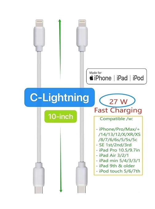 10-Pack Multi Short USB Cables & TypeC-C Cables for Charging Stations Compatible/w iPhone16/15, iPhone5-14/ iPads/iPad mini/iPad Pros/Samsung Moblies & Tablets/Pixel & Nexus/HTC/Sony(White)