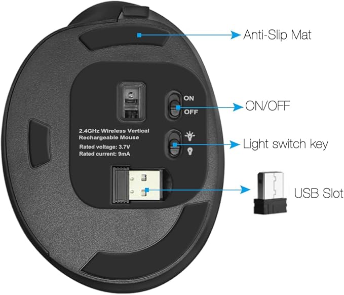 Wireless Mouse Ergonomic Vertical Mouse for Large Hands Rechargeable Big Quiet Silent Ergo Blue LED Light 3600DPI Carpal Tunnel Comfortable Cordless Mice for PC Laptop Computer Macbook Office Gift
