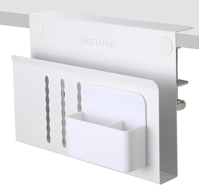 LUKETURE Laptop Holder, Steel Desk Side Storage, No Drill Standing Desk Accessories, Clamp on Laptop Mount with Pen Holder, Fits Flat Edge Tables 0.3" to 2.8" (White, M(1 Tier))