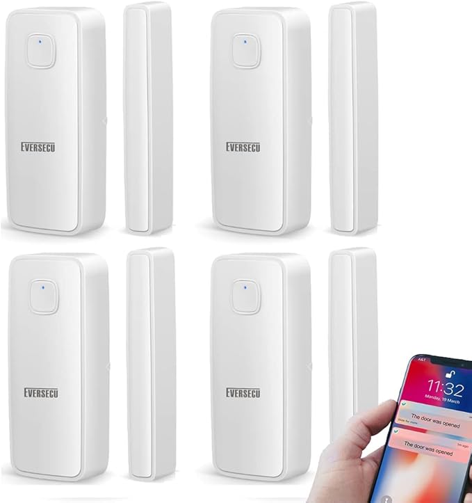 EVERSECU Tuya Smart WiFi Door Sensor Open/Close Detector App Notification Battery Operated, Compatible with Amazon Alexa, Google Assistant, No Need Hub (4pcs)