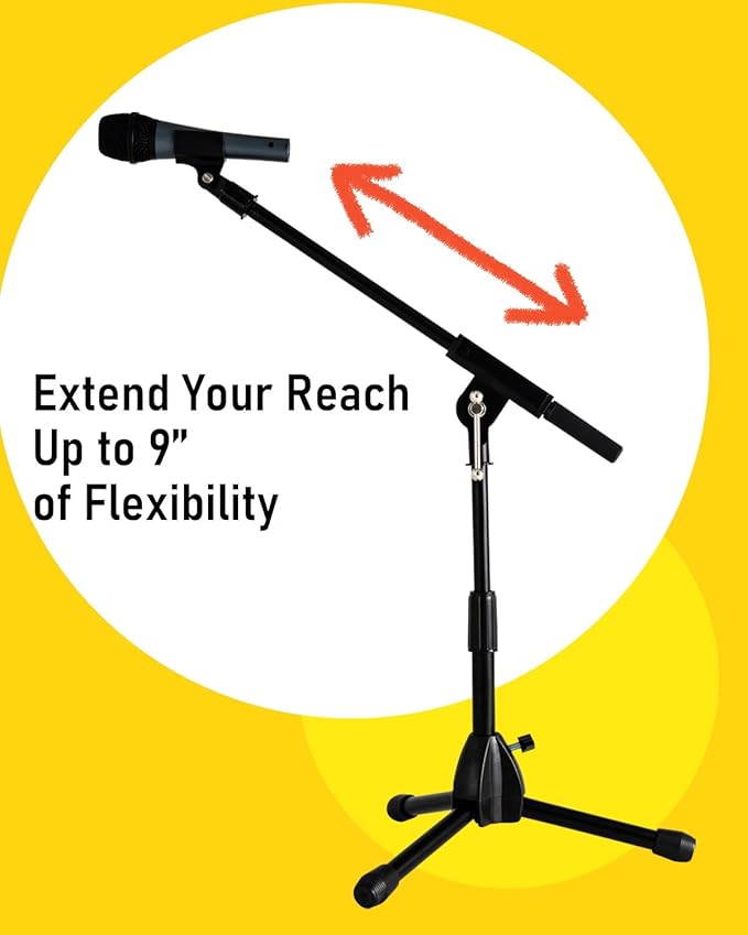 Stage Rocker Foldable Tripod Low-Profile Mic Boom Stand - Height Extending from 9.6'' to 16.9'', w/Adjustable Telescoping Arm Up to 9'', Lightweight/Convenient, Black, Powered by Hamilton(SR610121B)