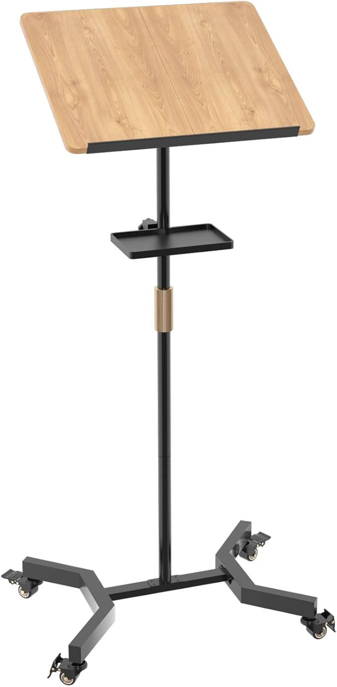 Lectern Podium Stand with Storage Platform, Height Adjustable Mobile Steady Standing Design, Multi-Purpose Tabletop for Speech, Lecture, Church, Reading or Laptop Desk