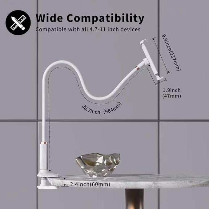 Gooseneck Tablet Holder - Flexible Stand, Tablet Holder,Cell Phone Holder,Cell Stand, Flexible Adjustable Arm in Bed for/Mobile Phone/Switch/etc, 98 cm Total Length (White)