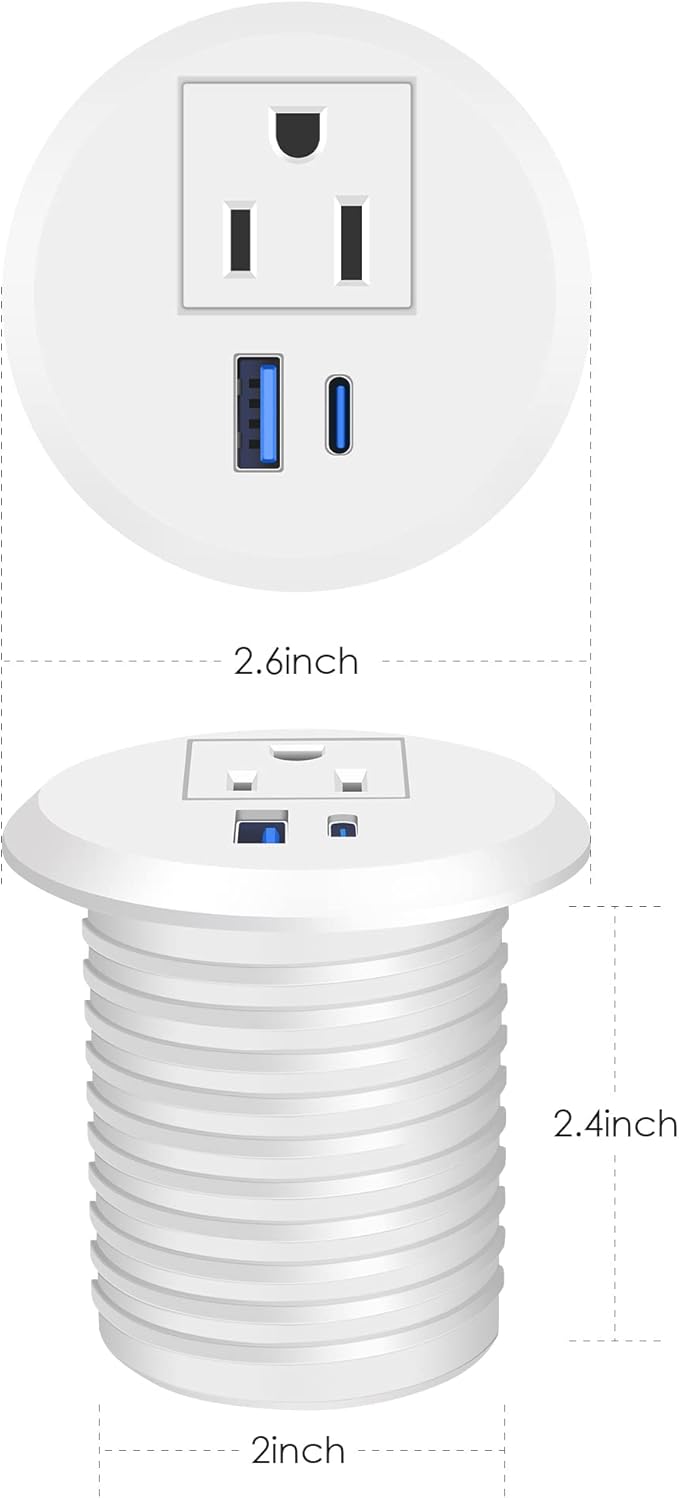 2 inch Desk Power Grommet with PD 20W USB C,Ultra-Flat Plug Power Strip,Recessed Outlet,Desktop Power Grommet for Office PC Desk Cable Cord Cover,Table Outlets for Home, Office,6 ft Cable(White)