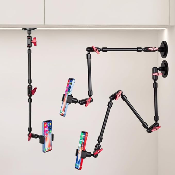 Adjustable Mobile Phone Holder for Desk, Wall Mount and Ceiling Mount Bracket for Phone and Other Smartphones (Metal Base+82cm arms+Phone Clip)
