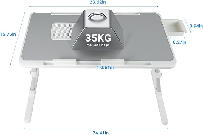 Laptop Lap Desk with Cooling Fan - Adjustable with Light, USB, Storage Drawer - Folding Bed Desk,23.62"*15.74",Grey