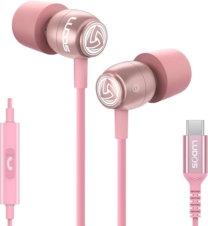 LUDOS Clamor USB C Headphones for iPhone 16 15 Pro Max Plus iPad Pro, 5 Years Warranty, USB-C Earbuds for Samsung Galaxy S24 S23 Ultra S22 S21 FE S20 A55 A54 A53, USB Type C Earphones - Pink