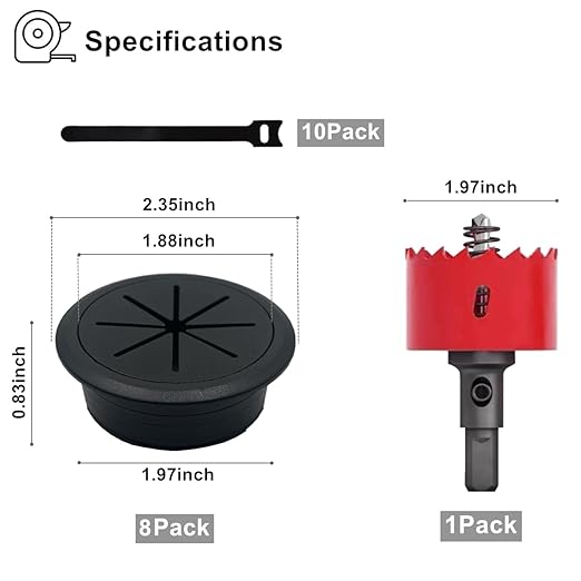 8 Pack Desk Grommet 2 Inch (50 mm), Desk Hole Cover for Cables, Black Desk Cord Hole Cover for Office Home Table, Cable Grommet with 1 Hole Saw Drill Attachment & 10 Cable Ties