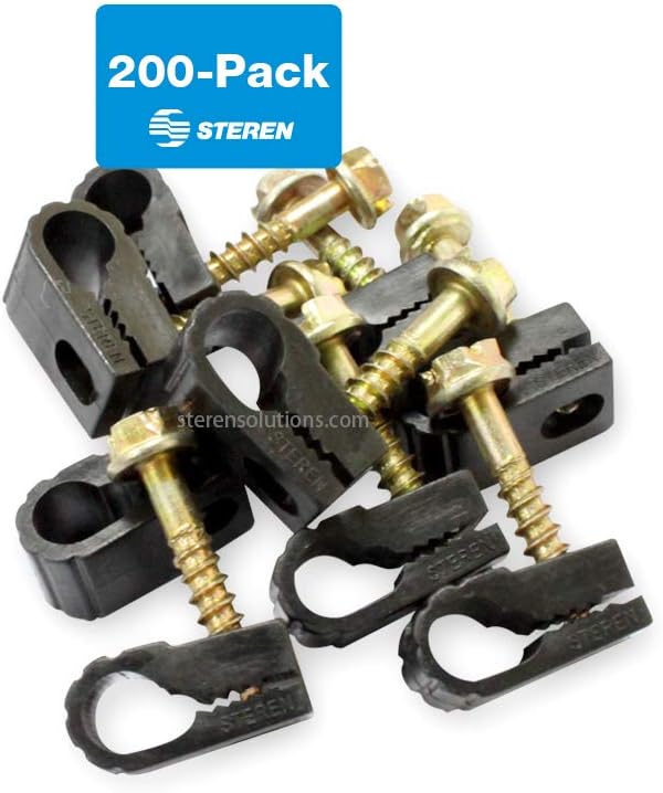 STEREN Coaxial Cable Clips - Cable Holder - Siding Clips for Hanging - Cord Holder for Desk - Cable Clamps - Cord Clip - Wire Organizer Clips - Tv Mount Screws (Black, 200 Count - Single Screw)