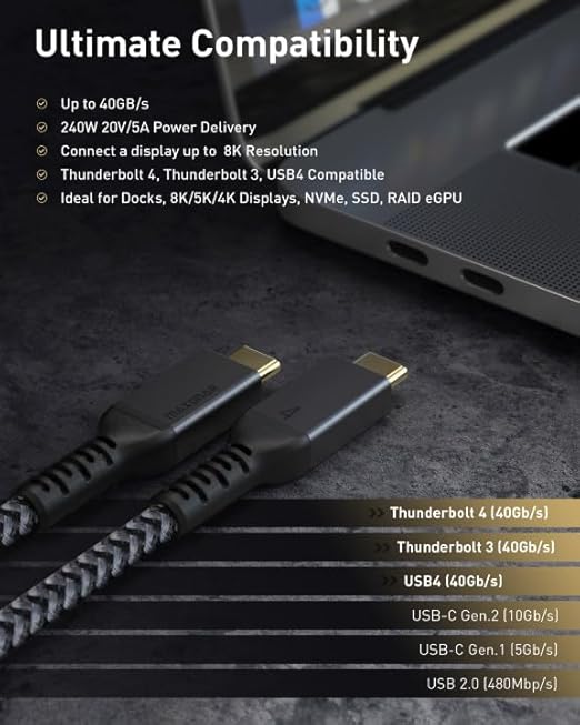 Maxonar [2 Pack 4Ft] Thunderbolt 4 Cable, 240W Thunderbolt Cable 40Gbps Sync 8K/5K@60Hz Display and for Thunderbolt 4, Thunderbolt 3, USB4, and USB-C Devices