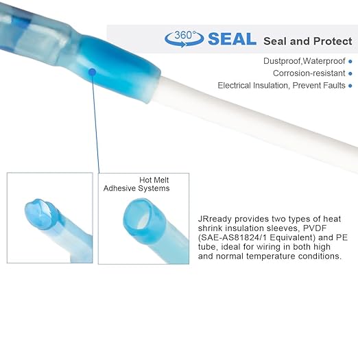 JRready ST6385-16-50 MiniSeal Crimp Splice 50Sets Blue Butt Splice Connectors 20-16 AWG (M81824/1-2) Wire-to-Wire Heat Shrink Butt Connector with Alternative Temp. PVDF/PE Tubes