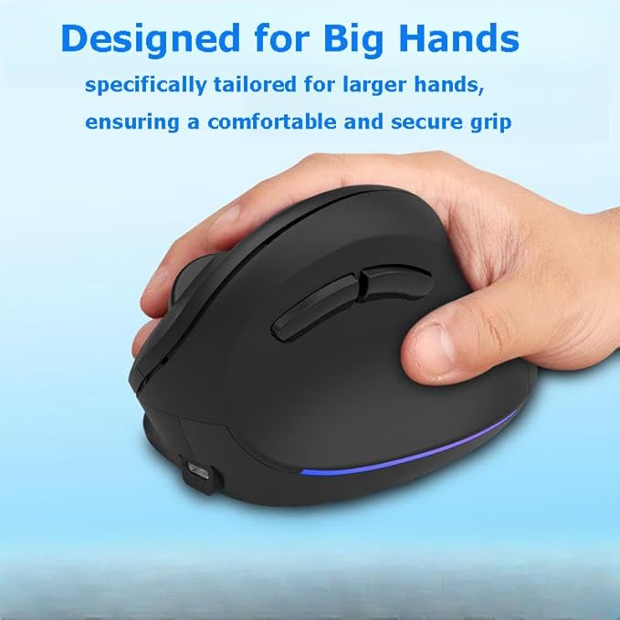 Wireless Mouse Ergonomic Vertical Mouse for Large Hands Rechargeable Big Quiet Silent Ergo Blue LED Light 3600DPI Carpal Tunnel Comfortable Cordless Mice for PC Laptop Computer Macbook Office Gift
