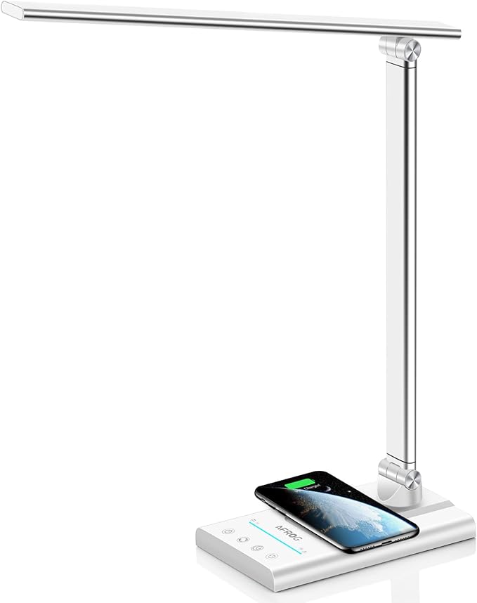 AFROG 5th Gen Multifunctional LED Desk Lamp with 10W Fast Wireless Charger, USB Charging Port,1800Lux Super Bright,5 Lighting Mode,7 Brightness, Touch Control, Auto Timer, 15W Office Table Lamp