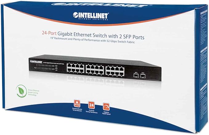 Intellinet 24 Port Gigabit Ethernet Switch with 2 SFP Ports – Unmanaged - Rackmount / Desktop, Fanless & Quiet, Sturdy Metal, 52 Gbps Switch Fabric – 3 Yr Mfg Warranty - 561044