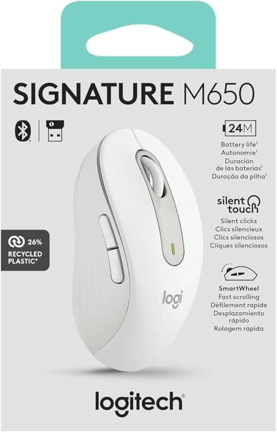 Logitech Wireless Mouse Signature M650 - Small to Medium Sized Hands, Right Handed, 2-Year Battery, Silent Clicks, Customizable Buttons, Bluetooth, PC/Mac?Chromebook - Off White