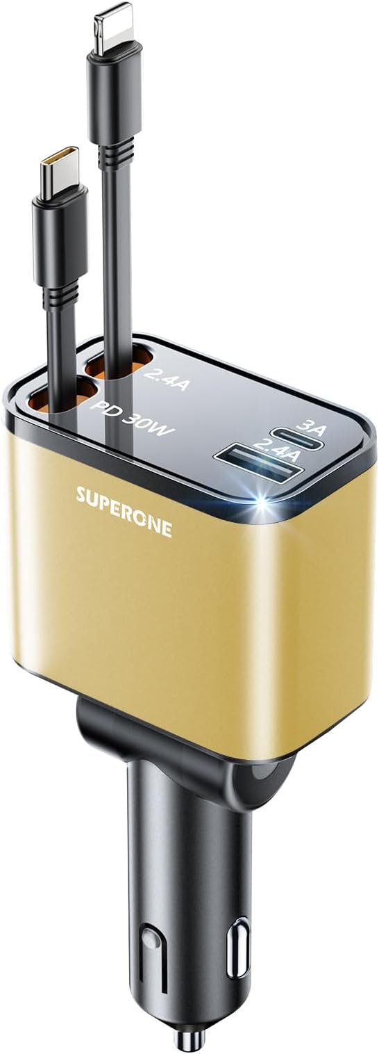 [2024 Upgraded] 4 in 1 Retractable Car Charger, SUPERONE Smaller Fast Car Phone Charger 69W with Cord, USB C and iPhone Car Charger Adapter, Compatible iPhone 15/15 Pro Max/14/13/12/11, Sumsung