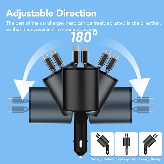 Retractable Car Charger, 4 in 1 Super Fast Car Phone Charger 60W, 2 Retractable Cables and 2 USB Ports Car Charger Adapter,Compatible with iPhone 16/15/14/13/12/11,Air-Pods 4,Galaxy,Pixel