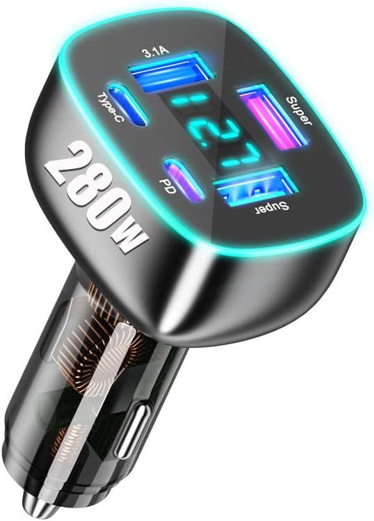 5 Port USB C Car Phone Charger with Voltage Display Dual PD 30W Super Fast for MacBook iPhone 16 15 Pro Max Samsung 100W Max Super for Huawei/Android Phones Cigarette Lighter Adapter with Volt Meter