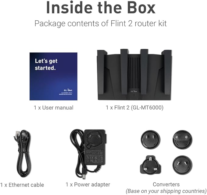 GL.iNet GL-MT6000(Flint 2) WiFi 6 Router with Wide Coverage, High-Speed Gaming Router, 2 x 2.5G Multi-Gig Ports+4 x 1G Ethernet Ports, Mass Device Connectivity, Rapid OpenVpn & WireGuard, 802.11ax
