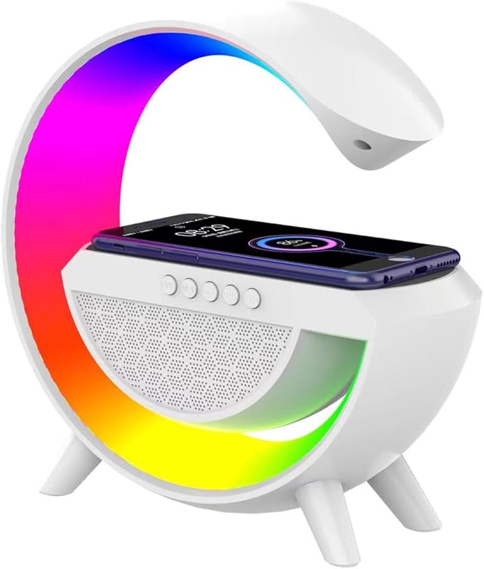 Table Lamp with Bluetooth Speaker, G Bedside Lamp with 15W Wireless Charger, Atmosphere Desk Lamp with Alarm Clock, RGB Bedside Nightstand Lamp, Hi-Fi Sound, Time Display