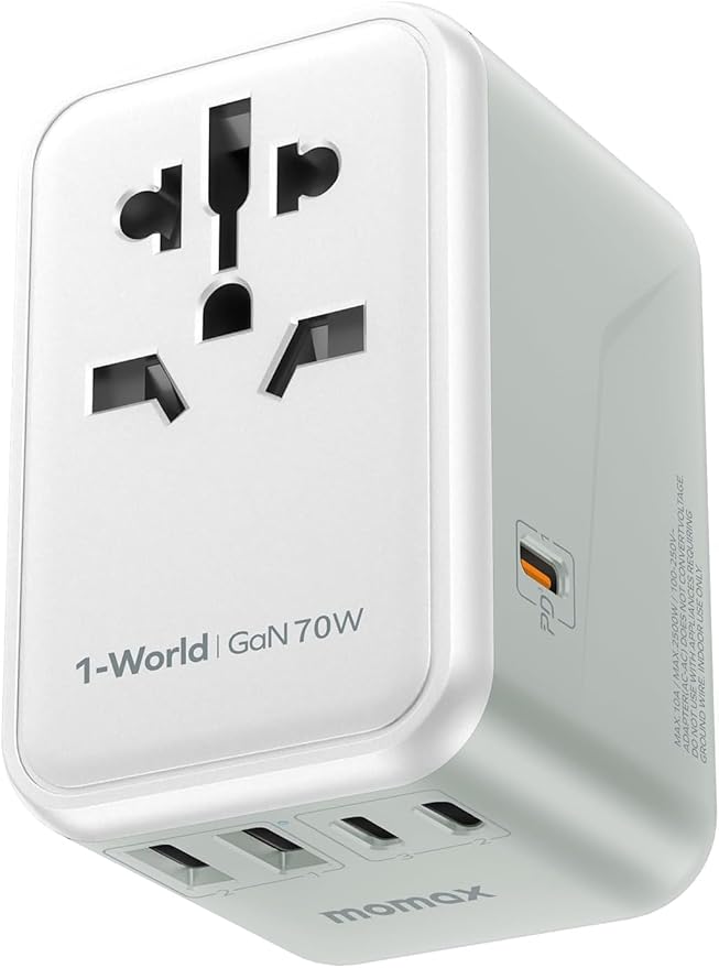 MOMAX Universal Travel Adapter, GaN 70W International Power Adapter, 3 USB-C PD Fast Charging & 2 USB-A QC, 1 AC, All-in-One International Plug Adapter for Travel European UK AUS JP