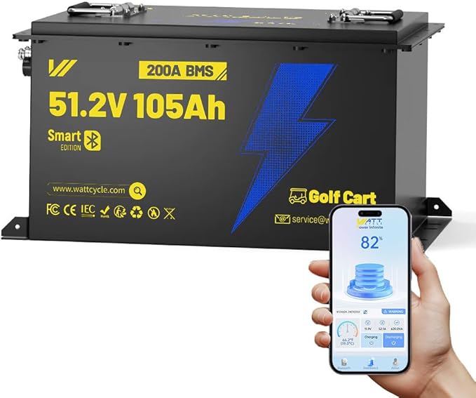 48V(51.2V) 105Ah LiFePO4 Lithium Battery for Golf Cart, Built-in Bluetooth & LCD Display, 200A BMS, Range of 70 Miles 15000+ Deep Cycles LiFePO4 Lithium Batterys