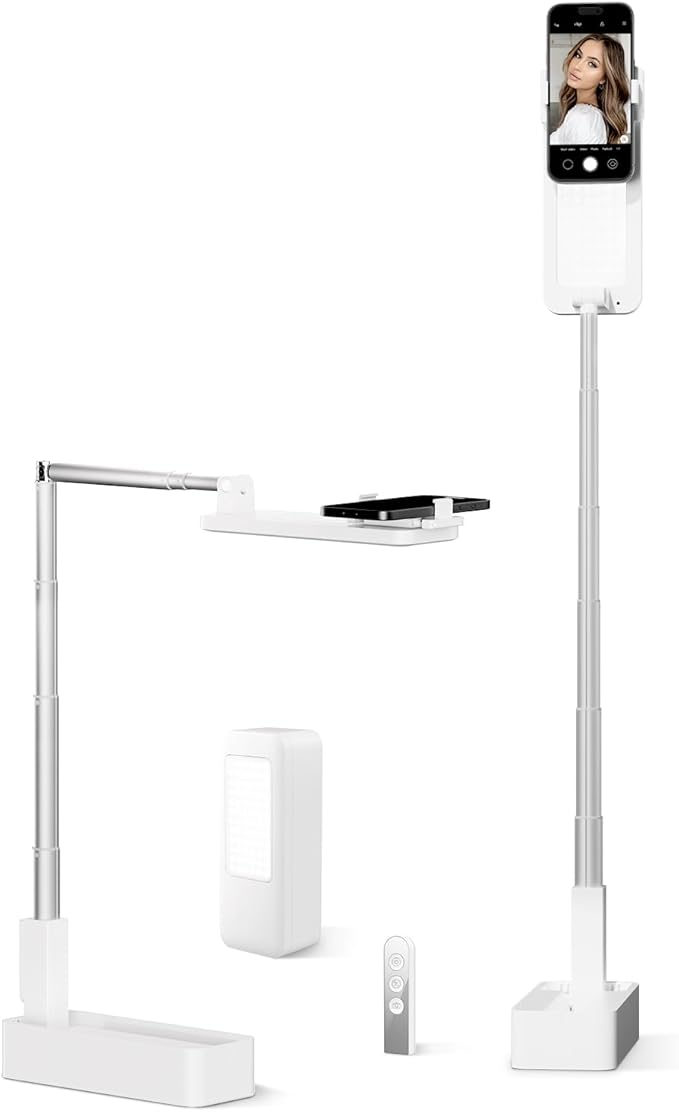 Phone Stand for Recording, Overhead Phone Mount with Light, Selfie Stand,Portable,Extendable,360° Rotate,Adjustable,Wireless Remote,Rechargeable, for 3.5-6.9" Phones, Live Streaming, White