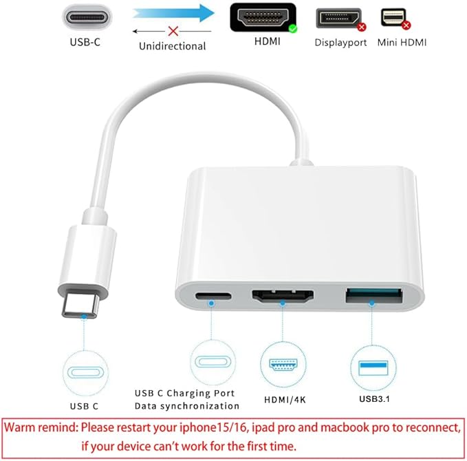 AIRSKY USB-C Digital Av Multiport Adapter, USB C to HDMI Adapter for iPhone 15/16 to TV with Fast Charging Port Two-Way, USB3.1 and 4K HDMI Output Compatible with Iphone15 / 16 Ipad pro Mackbook Pro