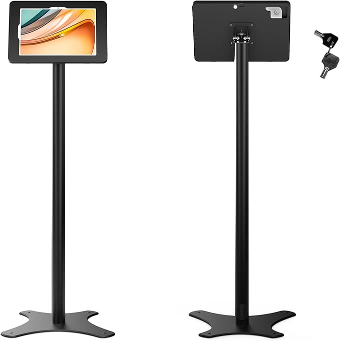 Tablet Kiosk Floor Stand, Anti-Theft, Rotate Lockable Metal Tablet Enclosure+Aluminum Pole+Metal Base, Compatible with 10.9" iPad 10th, Pro 11" 1 2 3 4, Air 4 5, Air 11", iPad 11"(A16)
