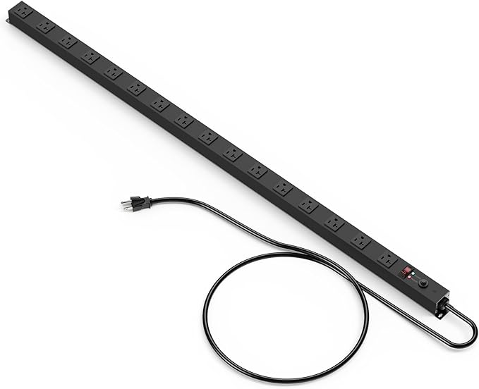 JUNNUJ Long Metal 16 Outlet Power Strip,Wide Spaced Garage Industrial Heavy Duty Power Strip,Surge Protection 4800J,Wall Mount Screws Outlet with Switch 5-15P High Amp 6-20R T-Slot (Black, 6FT)