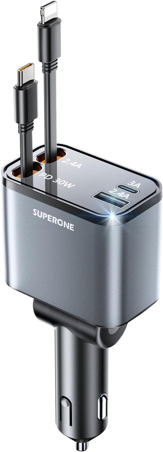 [2024 Upgraded] 4 in 1 Retractable Car Charger, SUPERONE Smaller Fast Car Phone Charger 69W with Cord, USB C and iPhone Car Charger Adapter, Compatible iPhone 15/15 Pro Max/14/13/12/11, Sumsung
