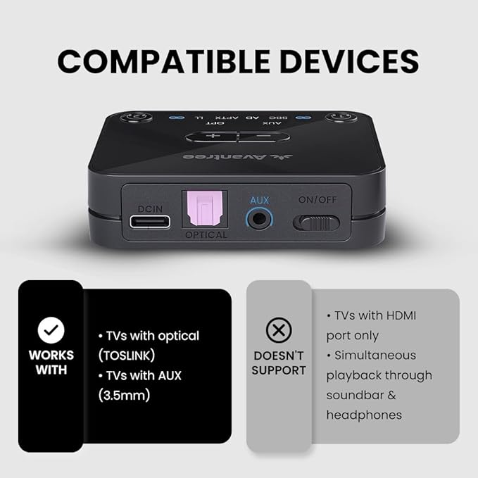 Avantree Audikast 3 – Bluetooth 5.3 Transmitter for TV Audio via Optical & AUX Outputs, aptX Adaptive, Dual Headphone Connection, 100ft Range