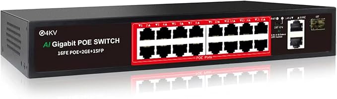 PoE Switch with 16 POE Ports +2 Gigabit Uplink,1 x 1.25G SFP,802.3af/at PoE+ 100Mbps, 240W Built-in Power, Extend to 250Meter,Unmanaged Metal Plug and Play