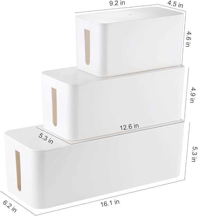 3 Pack Cable Management Box with 18 PCS Cable Management Set - Large & Medium & Small Cable Organizer Box to Hide Wires & Power Strips | TV Cord Organizer Box | for Home & Office, White