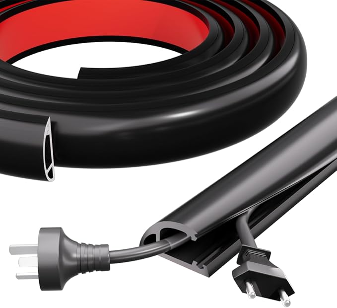 10FT Side-Open Extension Cord Covers for Wires on Floor,Silicone Power Cable Protector Cord Hider Management Strip,Hide Electric Wire on Carpet,Chord Runner Protective Safety Wiremold,Black