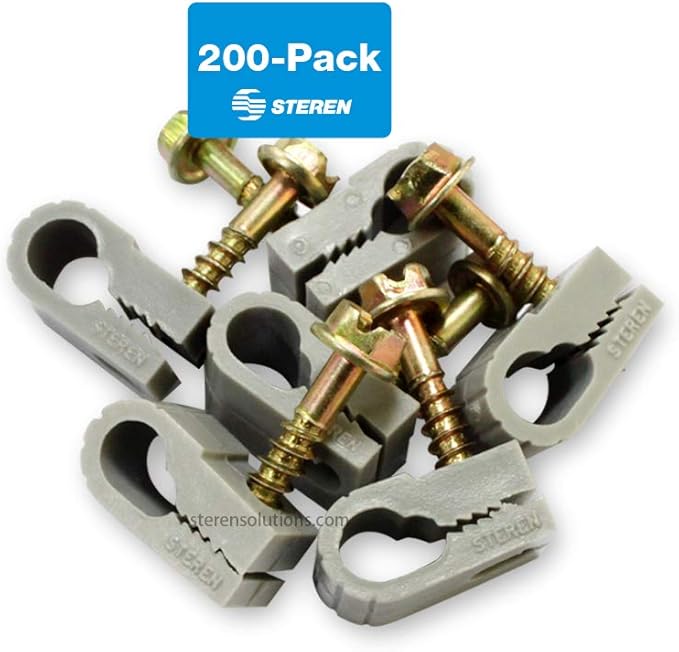 STEREN Coaxial Cable Clips - Cable Holder - Wire Clips - Siding Clips for Hanging - Cord Holder for Desk - Cable Clamps (Gray, 200 Count - Single Screw)