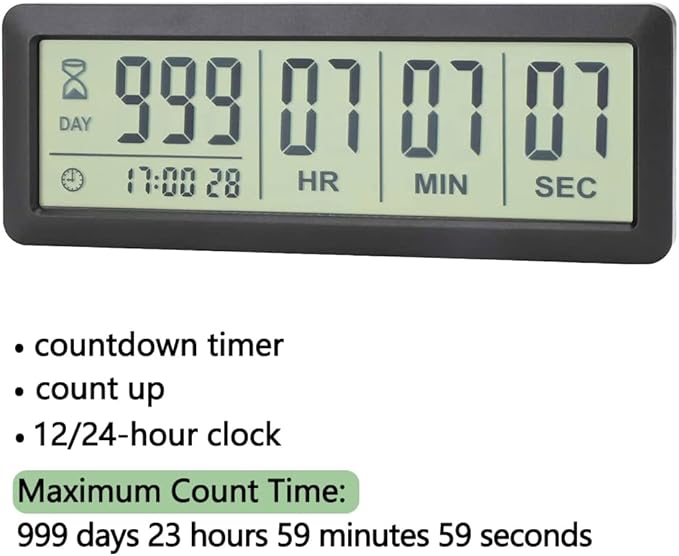 Digital Countdown Days Timer - Black Upgraded Big 999 Days Count Down Clock with Stand Strong Magnetic Back for Vacation Retirement Wedding Holiday