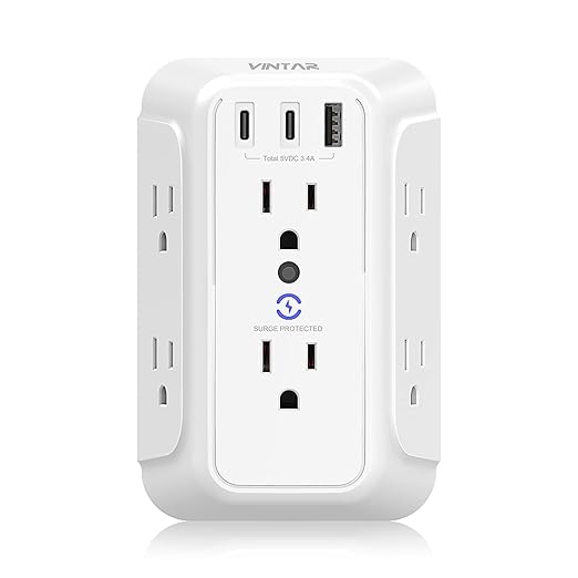 Surge Protector Outlet Extender, VINTAR 6 Outlet Splitter with 3 USB Charging Ports (2 USB C Ports), 900J Multi Plug Outlet Power Strip, 3-Sided USB Wall Charger for Home Office Dorm Room Essentials